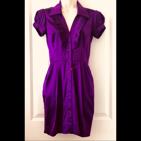 BEBE Silk Ruffle Front Shirt Dress, Cap Sleeve XXS - Picture 4 of 8